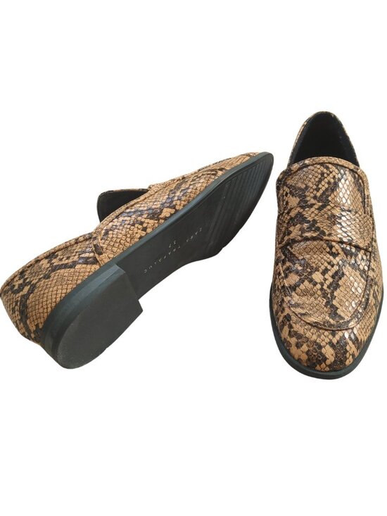 Zara Shoes - Zara Trafaluc Snakeskin Penny Loafers Tan Brown Animal Print Slip On Flats 37